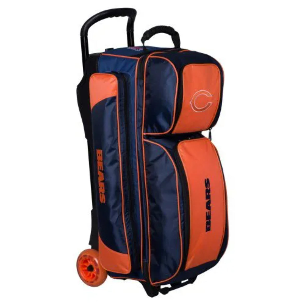 Blue and orange bowling bag with a wheel on a white background