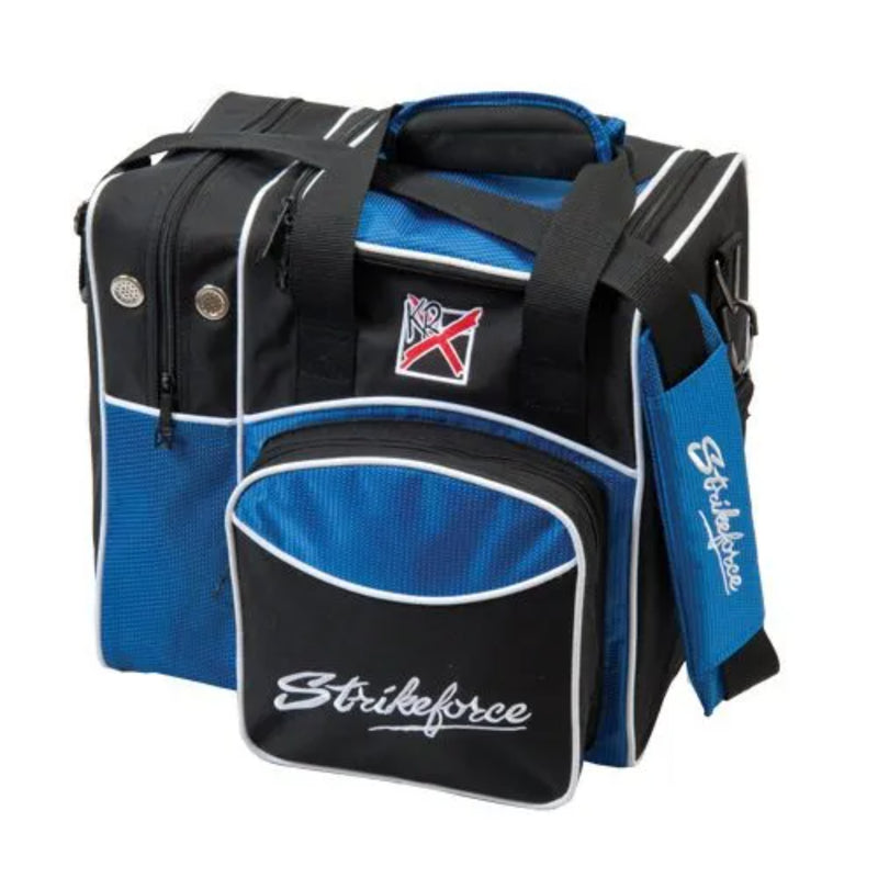 Black and blue bowling bag with 'Strikeforce' branding on a white background