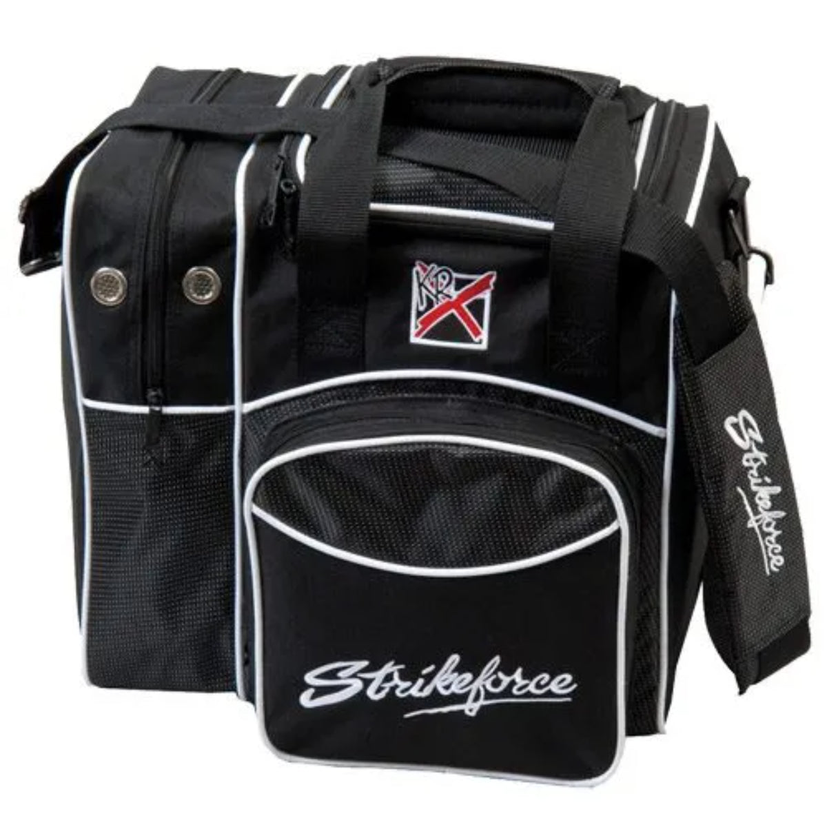 Black bowling bag with 'Strikeforce' branding on a white background