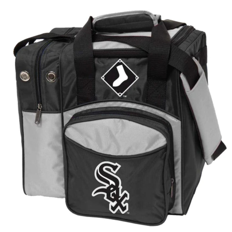 Black and gray sports bag with a logo on a white background