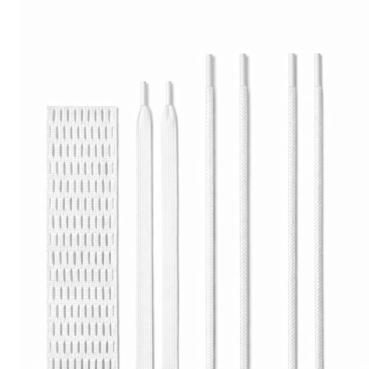 White lacrosse mesh and string kit with soft mesh, top string, bottom string, sidewall strings and shooting laces for custom pocket stringing
