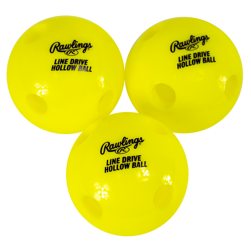 Three bright yellow Rawlings Line Drive hollow training balls with perforated holes, designed for baseball and softball practice to improve hitting accuracy and line-drive contact. ⚾