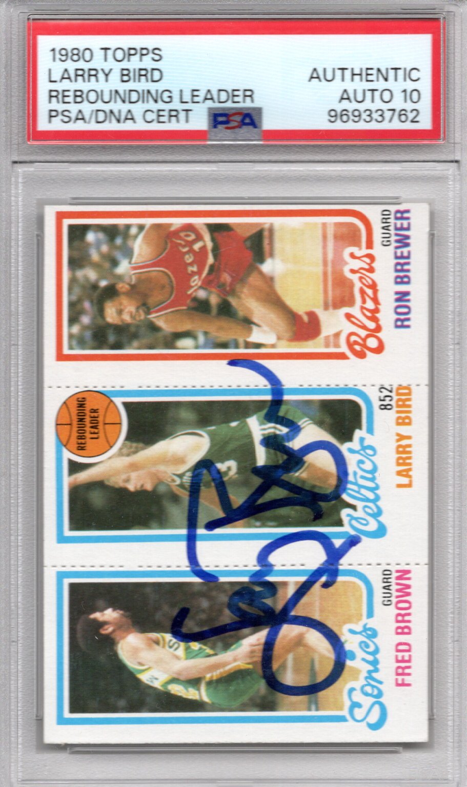 Larry Bird Autographed Boston Celtics 1980 Topps Rebounding Leader Rookie Card PSA AUTHENTIC AUTO 10