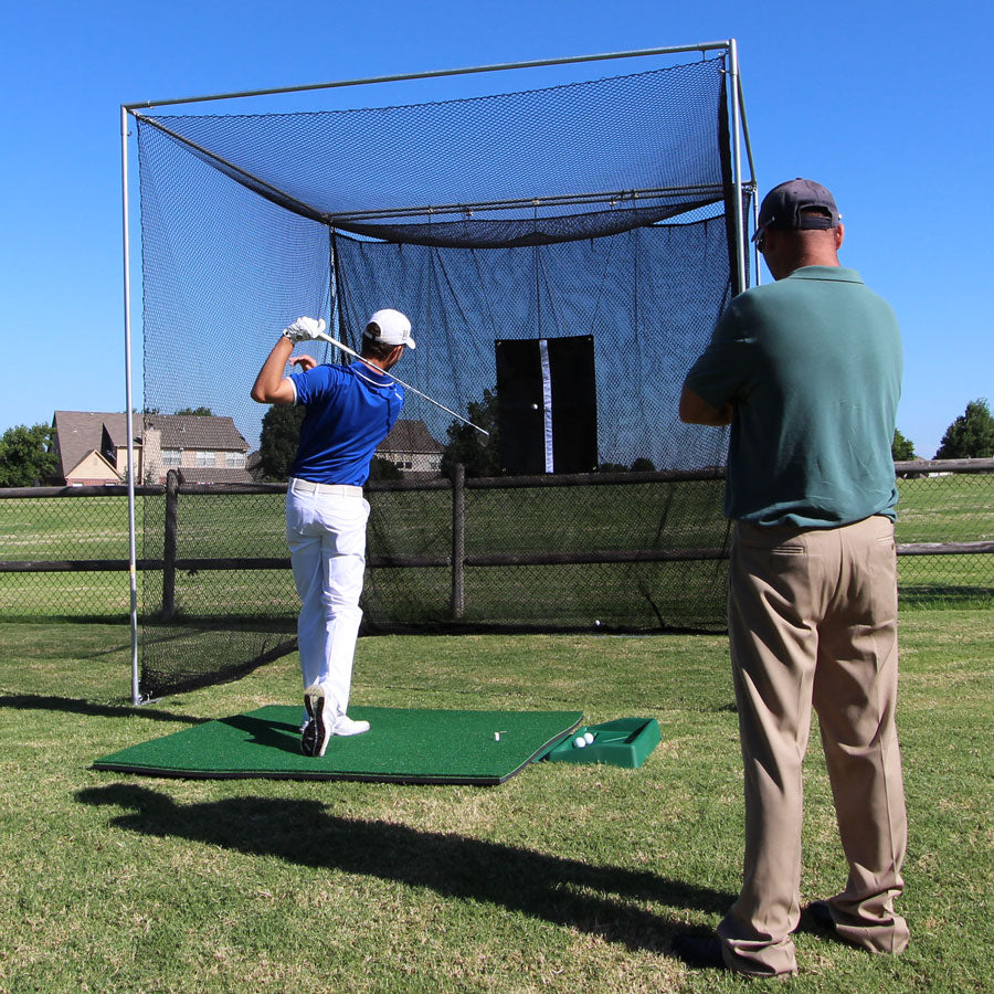 Cimarron 10x10x10 Masters Golf Net with Frame Kit, 5x5 TeeLine Golf Mat, & Ball Tray - Front View