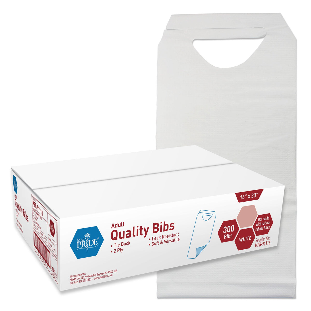 MedPride Disposable Adult Bibs, Tie Back, 16"W x 33"L - 300 Count