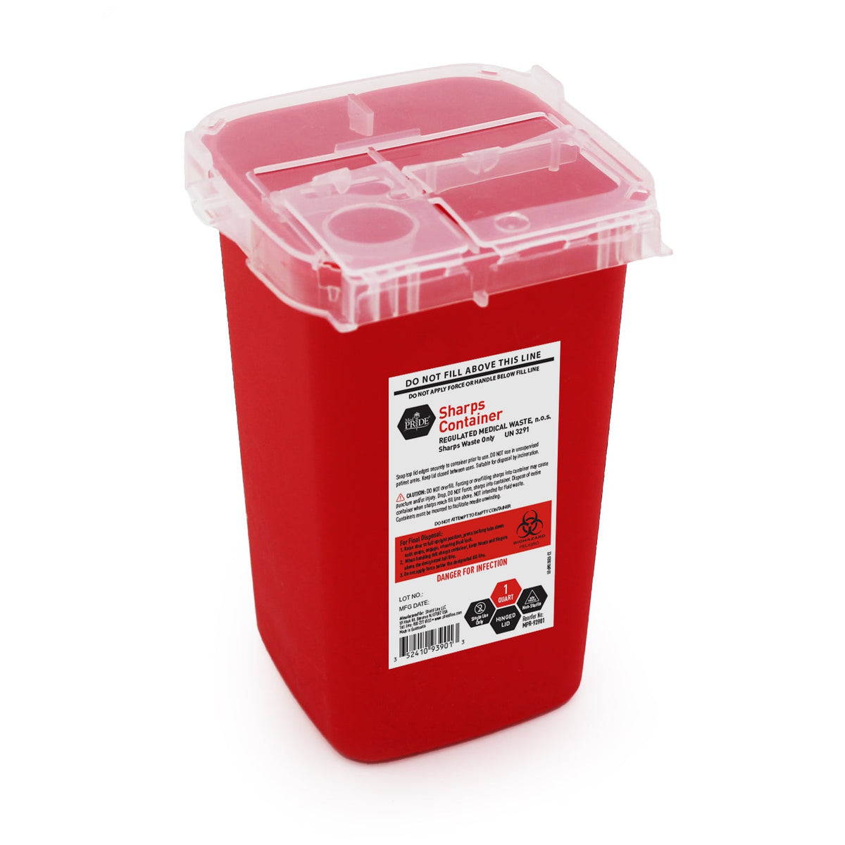 MedPride 1 Quart Sharps Containers, Hinged Lid, 100/cs
