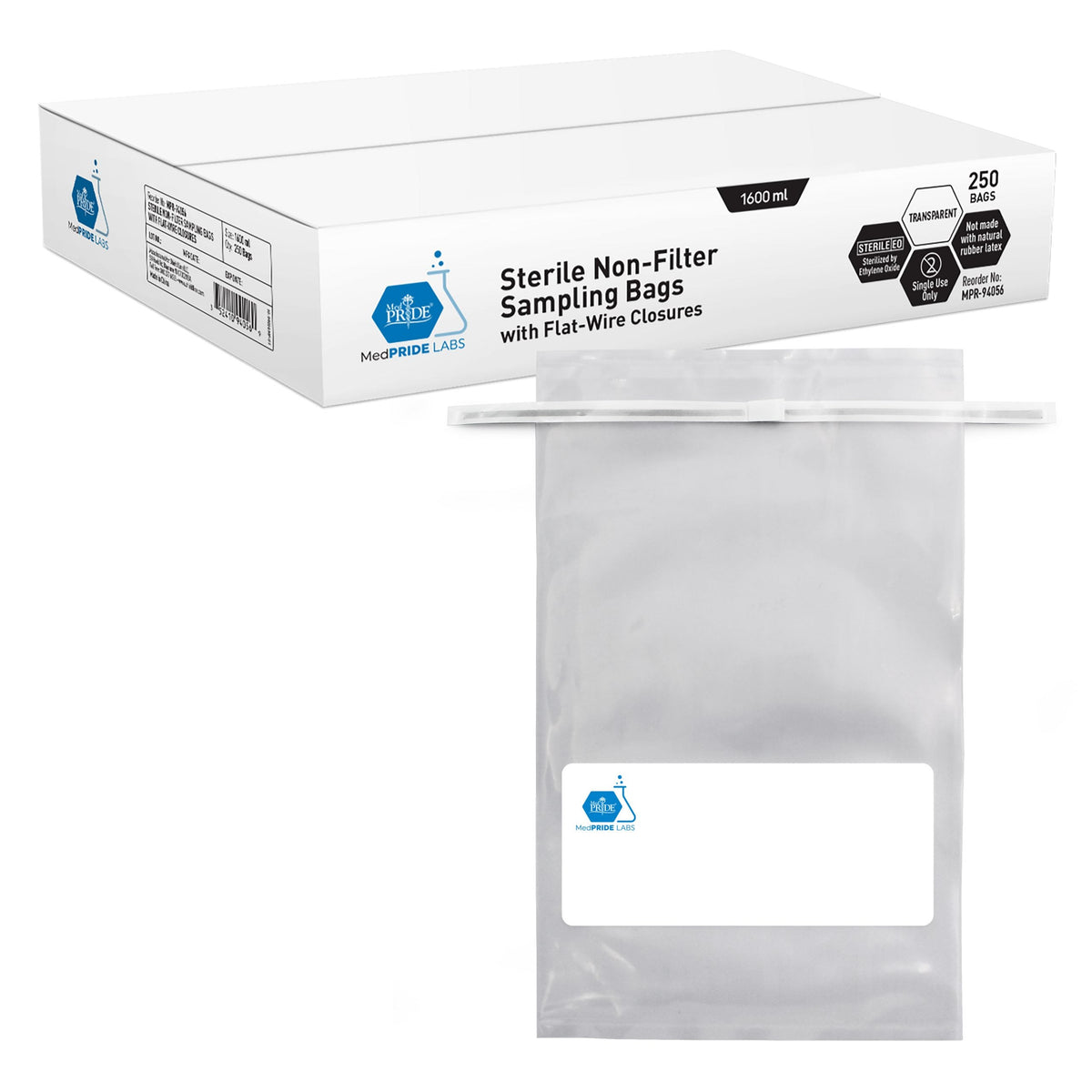 MedPride Sterile Non-Filter Sampling Bags with Flat-Wire Closure 1600 ml, 250 Bags / Case of 4 (1000)