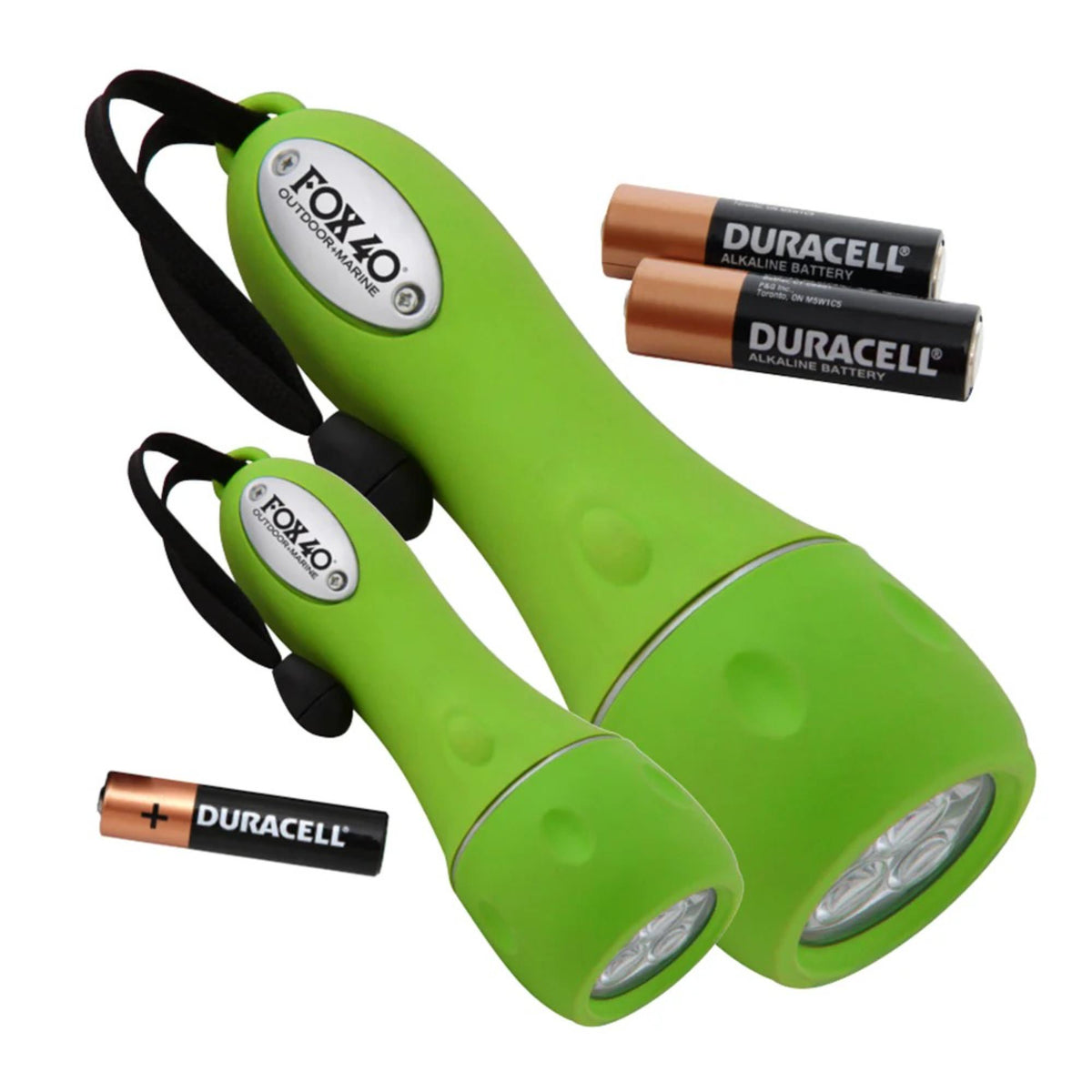 Set of handheld LED flashlights with wrist straps and included batteries, designed for portable outdoor and emergency lighting use.