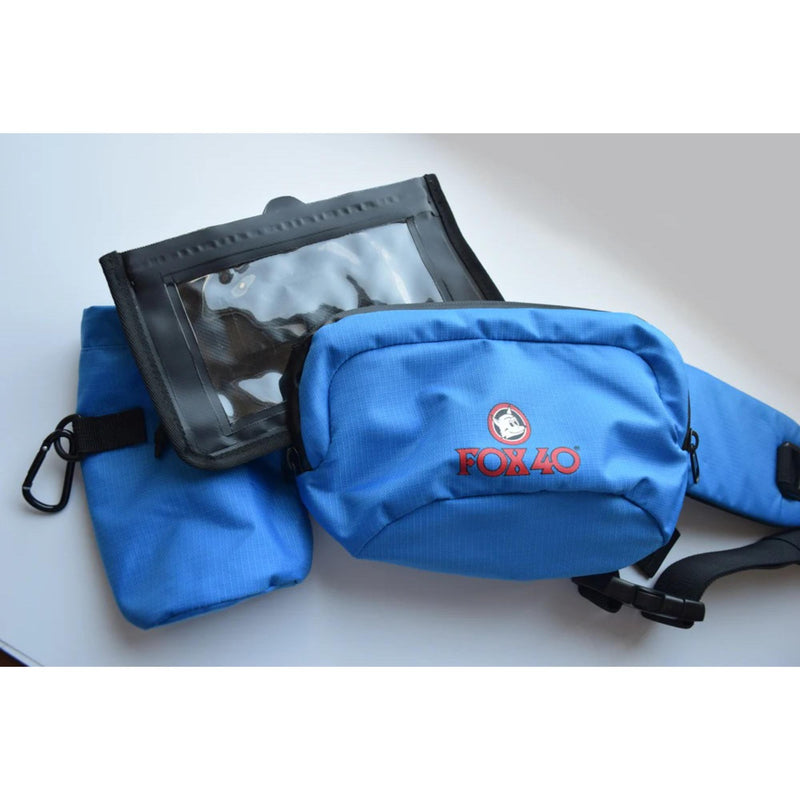Wearable safety kit pouch with multiple compartments containing rope, whistle, and emergency accessories for water and outdoor use.