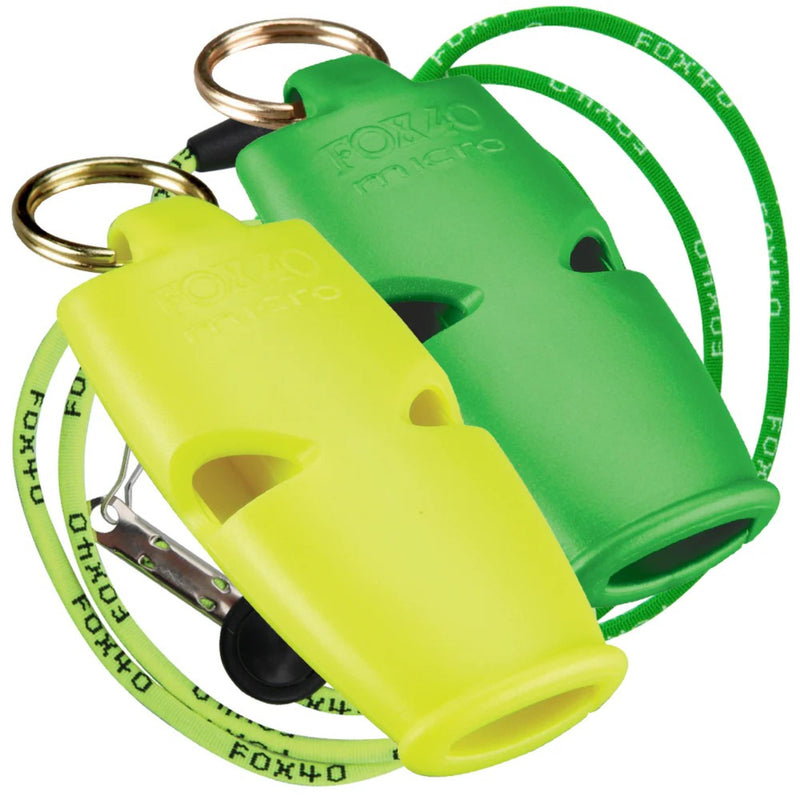 Two compact safety whistles with key rings and attached breakaway lanyards, designed for easy carrying and reliable signaling.