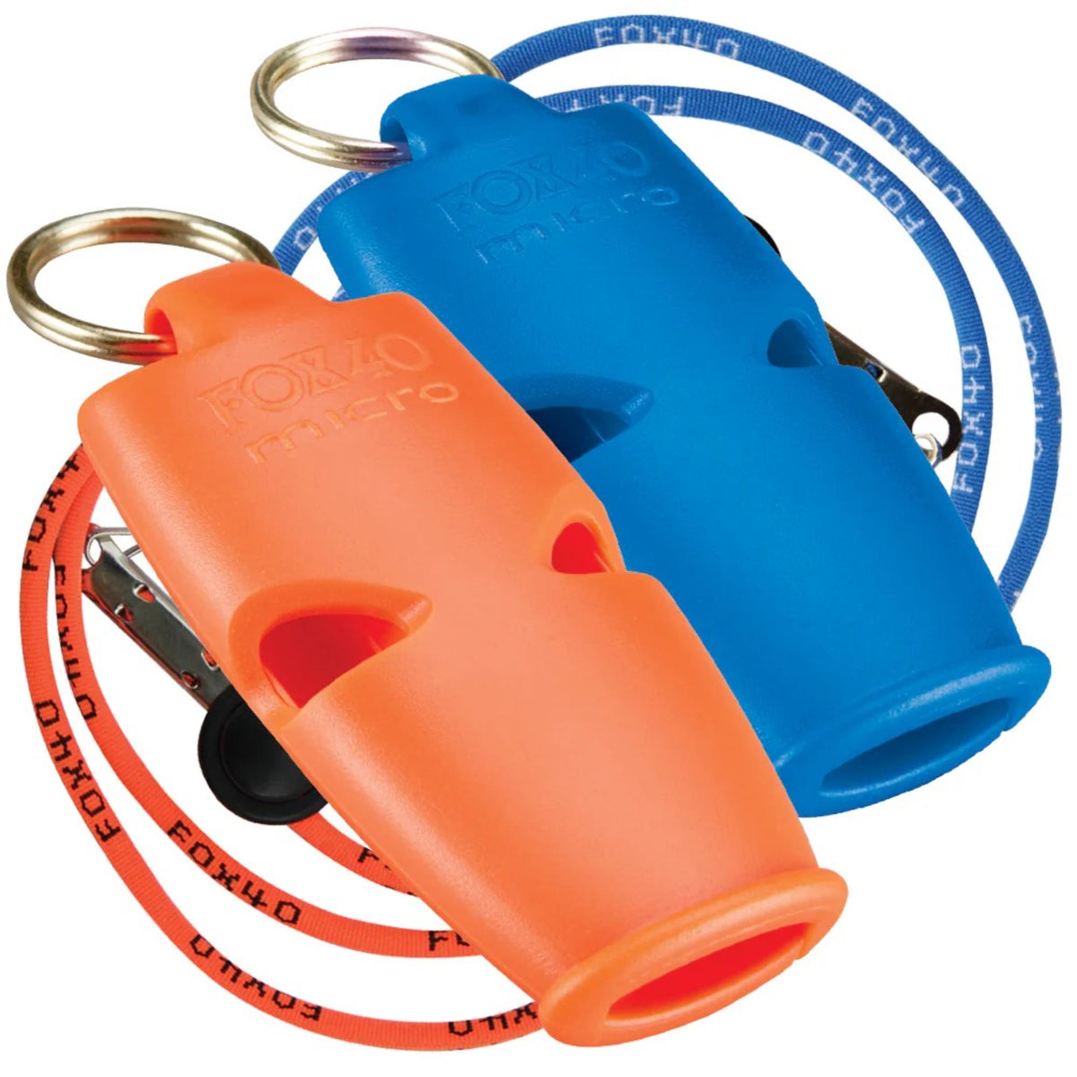 Two compact safety whistles with key rings and attached breakaway lanyards, designed for easy carrying and reliable signaling.