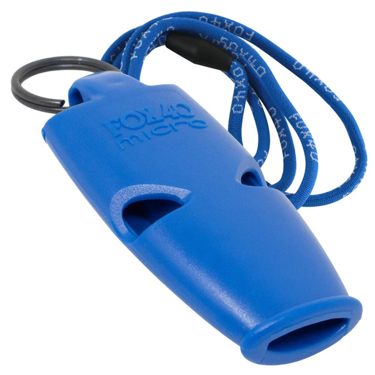 Compact safety whistle with attached key ring and breakaway lanyard for easy carrying and reliable signaling.