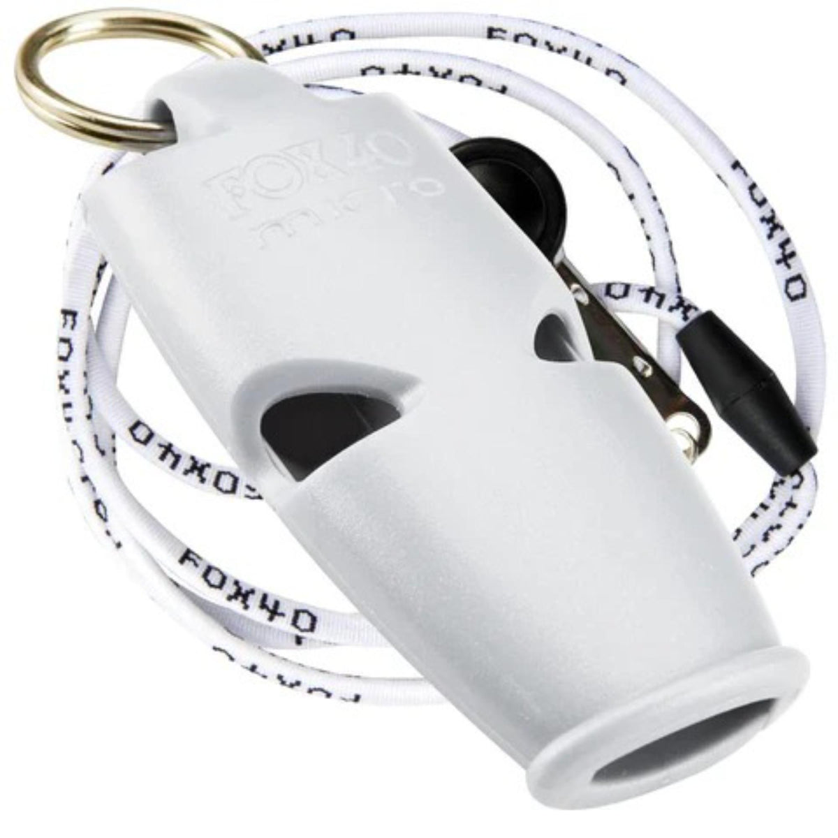 Compact safety whistle with attached key ring and breakaway lanyard for easy carrying and reliable signaling.