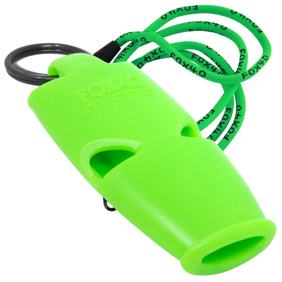 Compact safety whistle with attached key ring and breakaway lanyard for easy carrying and reliable signaling.