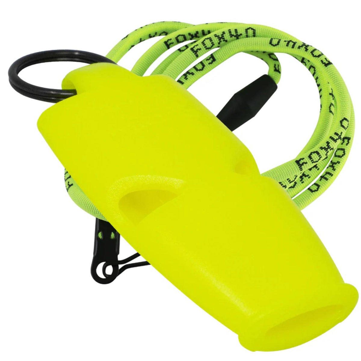 Compact safety whistle with attached key ring and breakaway lanyard for easy carrying and reliable signaling.