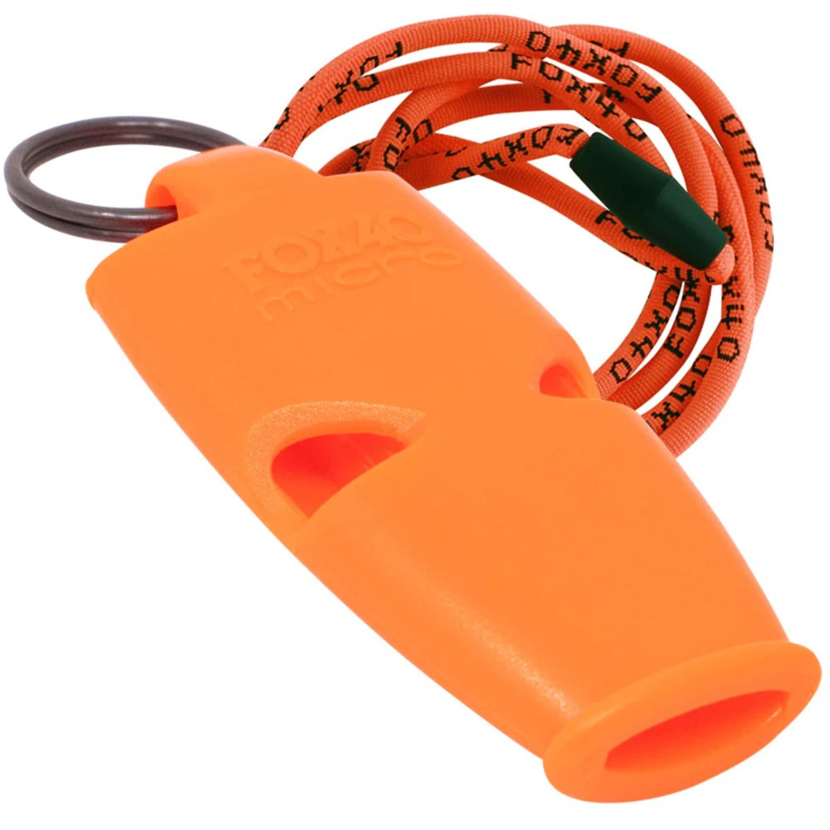 Compact safety whistle with attached key ring and breakaway lanyard for easy carrying and reliable signaling.