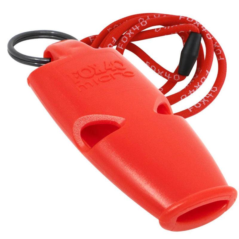 Compact safety whistle with attached key ring and breakaway lanyard for easy carrying and reliable signaling.