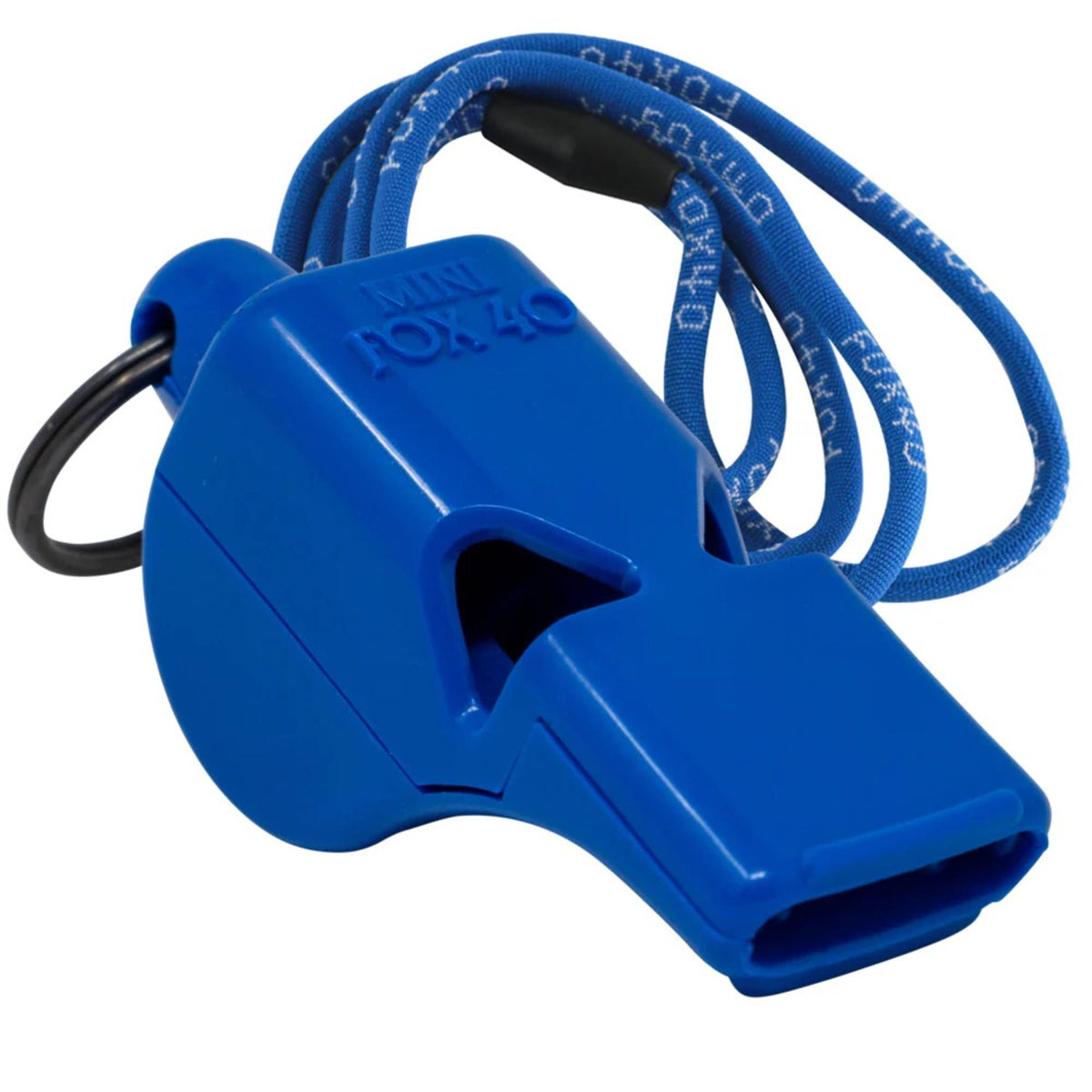 Compact safety whistle with attached key ring and breakaway lanyard for convenient carrying and reliable emergency signaling.