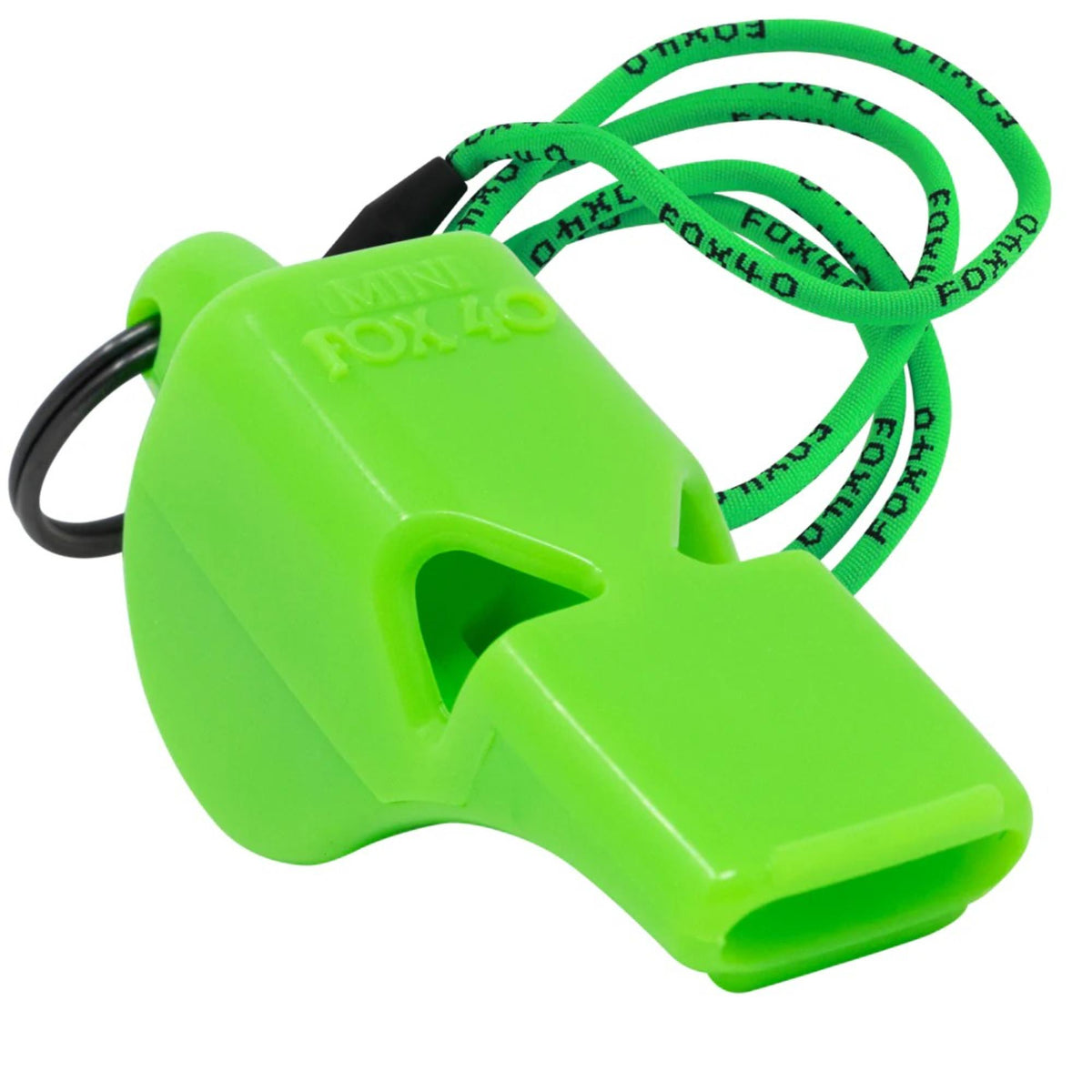 Compact safety whistle with attached key ring and breakaway lanyard for convenient carrying and reliable emergency signaling.