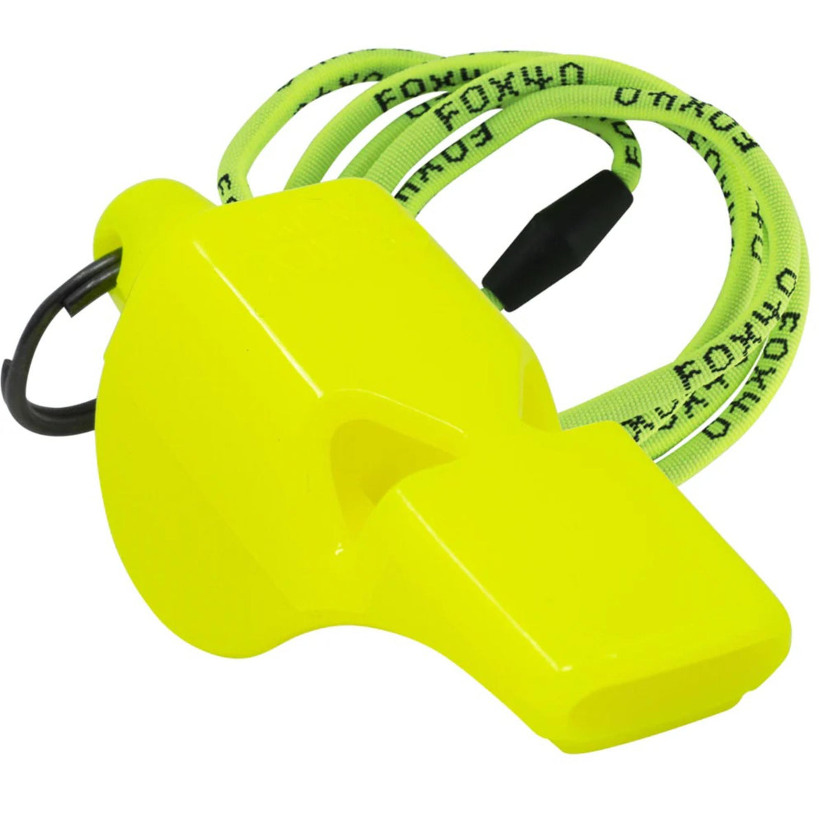 Compact safety whistle with attached key ring and breakaway lanyard for convenient carrying and reliable emergency signaling.