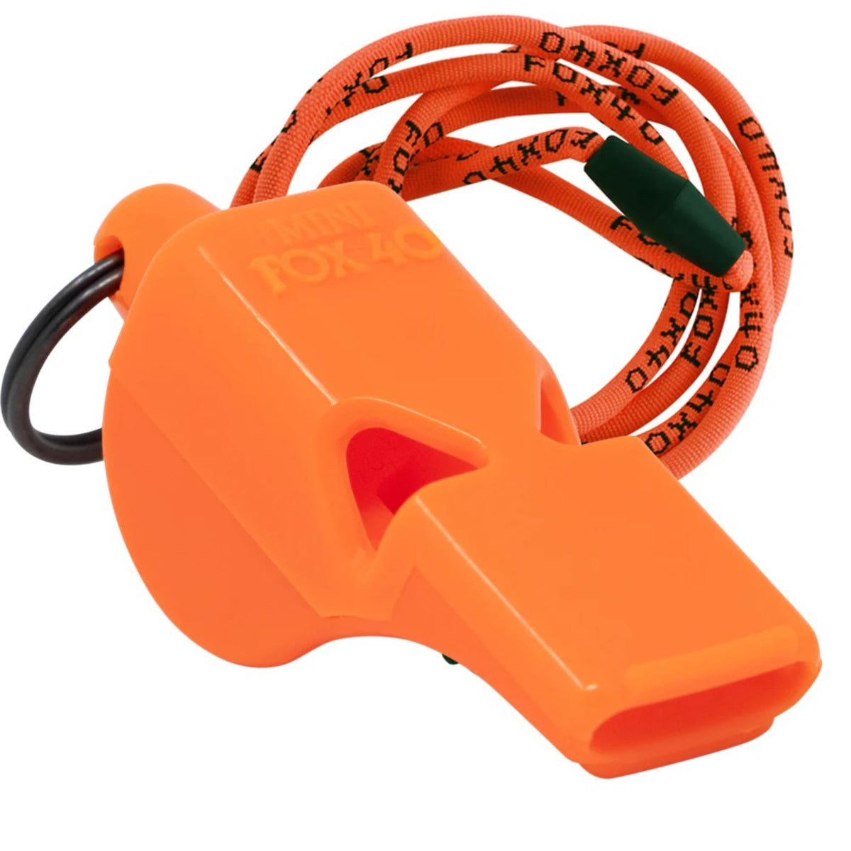 Compact safety whistle with attached key ring and breakaway lanyard for convenient carrying and reliable emergency signaling.