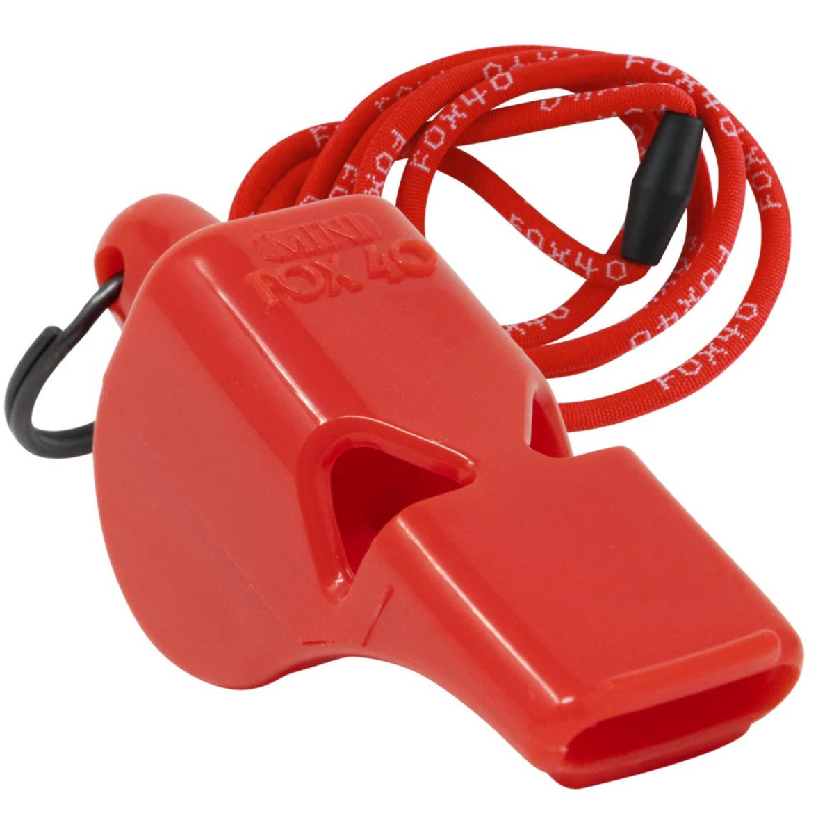 Compact safety whistle with attached key ring and breakaway lanyard for convenient carrying and reliable emergency signaling.