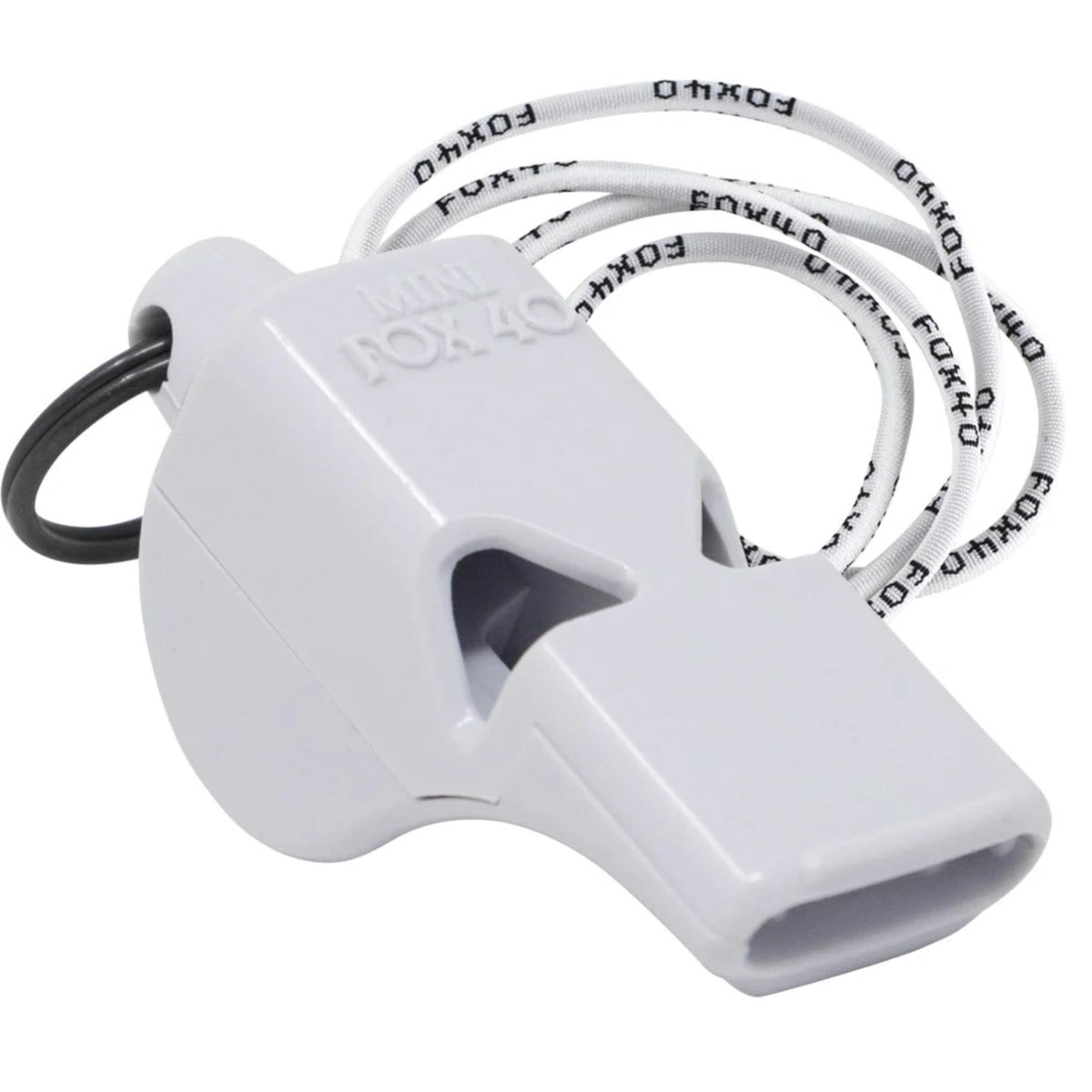 Compact safety whistle with attached key ring and breakaway lanyard for convenient carrying and reliable emergency signaling.