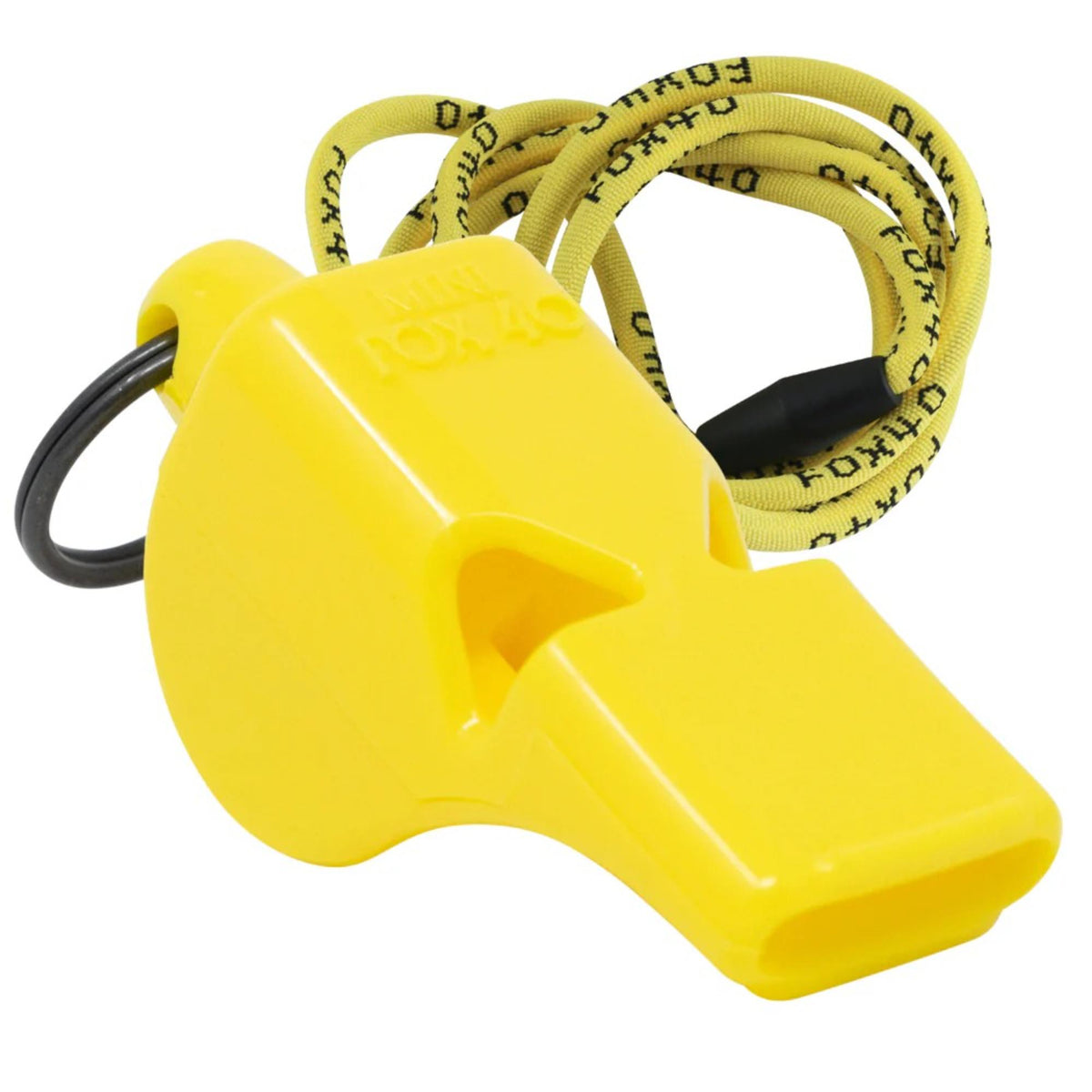 Compact safety whistle with attached key ring and breakaway lanyard for convenient carrying and reliable emergency signaling.