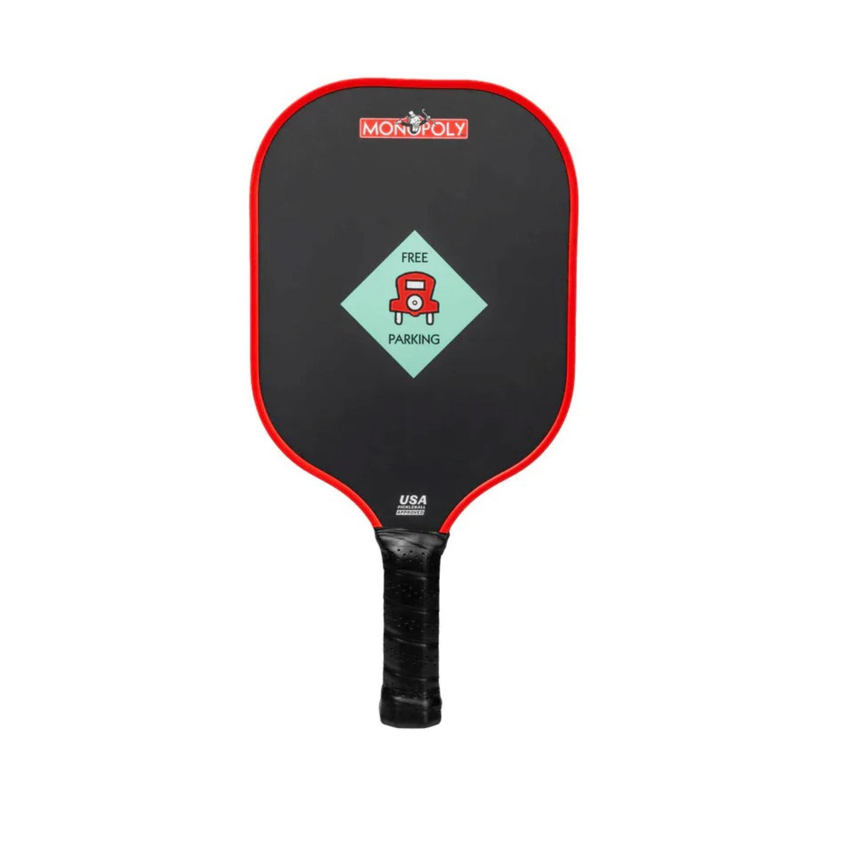 Diadem Monopoly Board 4-paddle starter kit featuring four pickleball paddles with Monopoly board-style graphics, arranged side by side with handles visible.