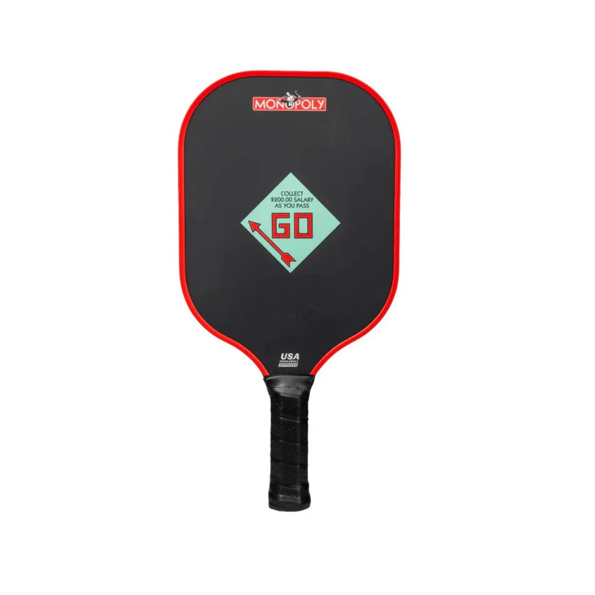 Diadem Monopoly Board 4-paddle starter kit featuring four pickleball paddles with Monopoly board-style graphics, arranged side by side with handles visible.