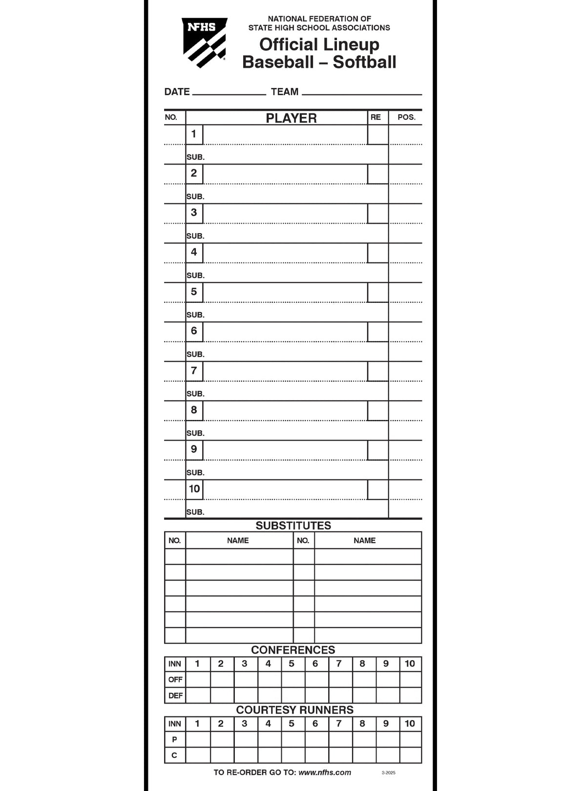 Baseball/Softball Lineup Sheets (100 sheets) - Front Cover