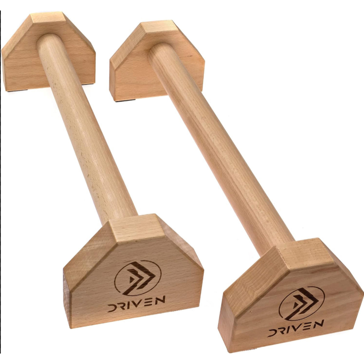 Pair of wooden dumbbells with 'Driven' branding on a white background