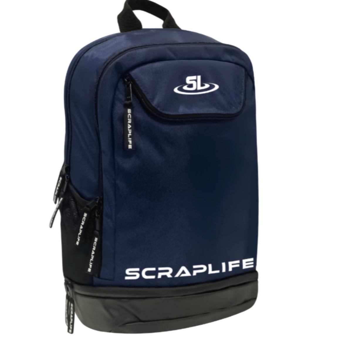 Navy blue backpack with ScrapLife logo on a white background
