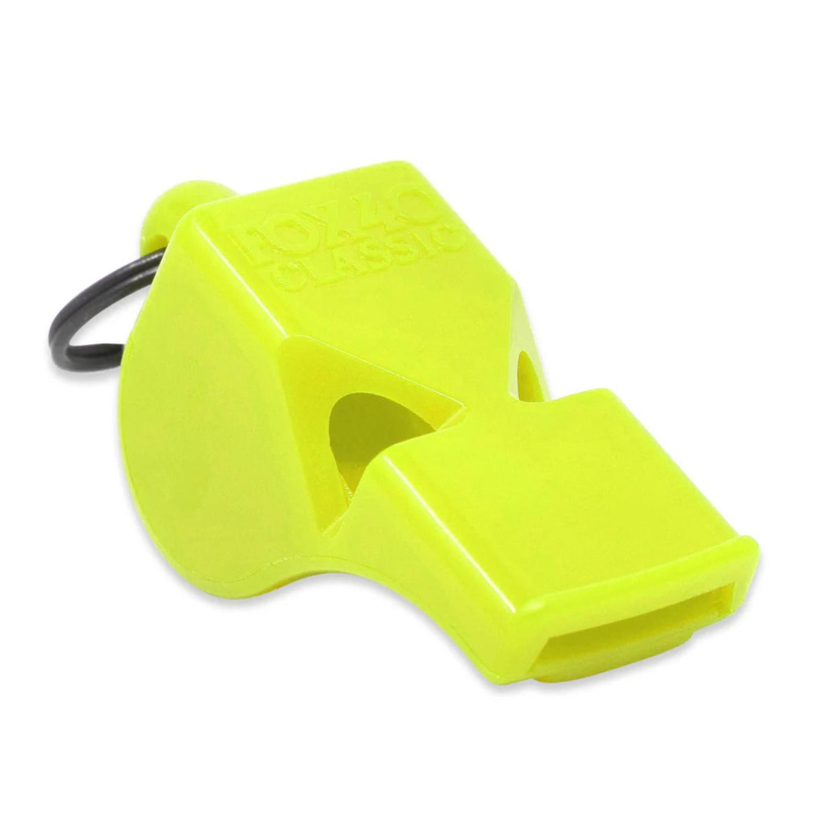 Safety whistle designed for emergency use, featuring a compact shape and key ring attachment for easy carrying.