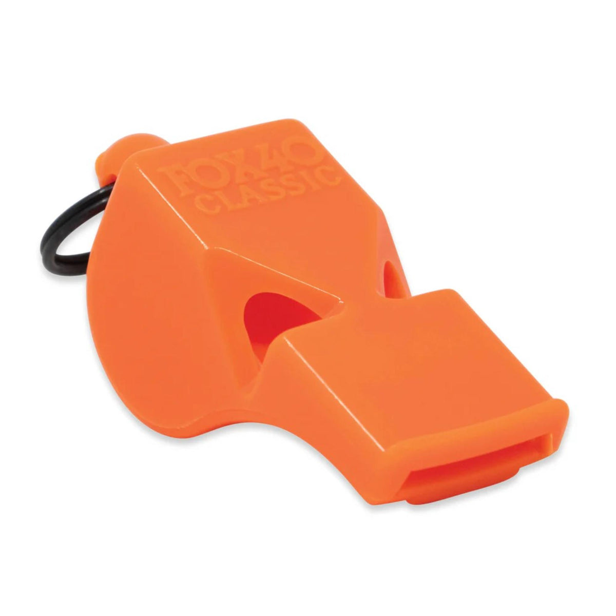 Safety whistle designed for emergency use, featuring a compact shape and key ring attachment for easy carrying.