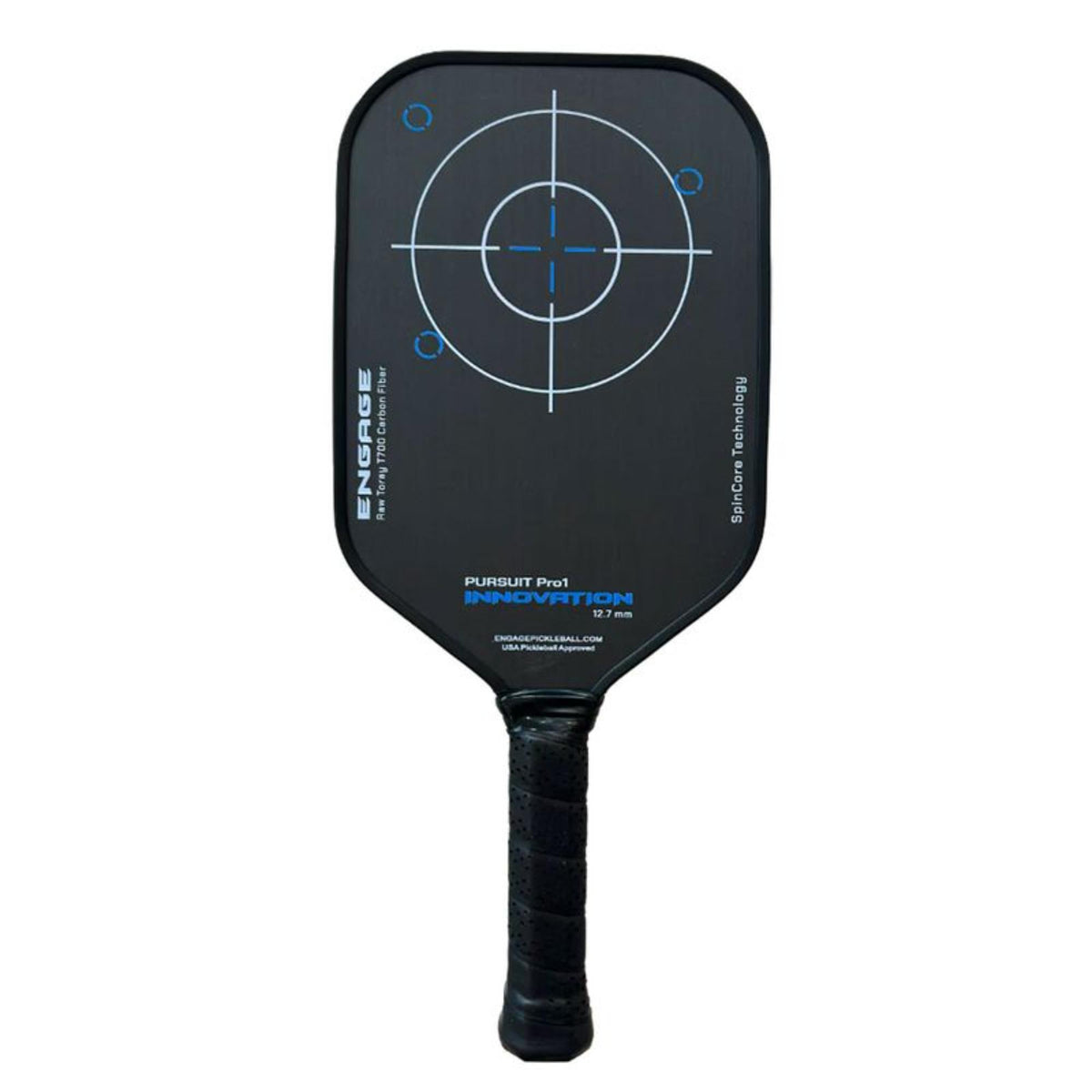 Engage Pursuit Pro1 Innovation pickleball paddle displayed front-facing on a white background, featuring a matte black paddle face with a blue-and-white target-style graphic centered on the face. Vertical “ENGAGE” branding appears along the left side, with additional blue accent text near the throat and a black wrapped handle grip extending downward.