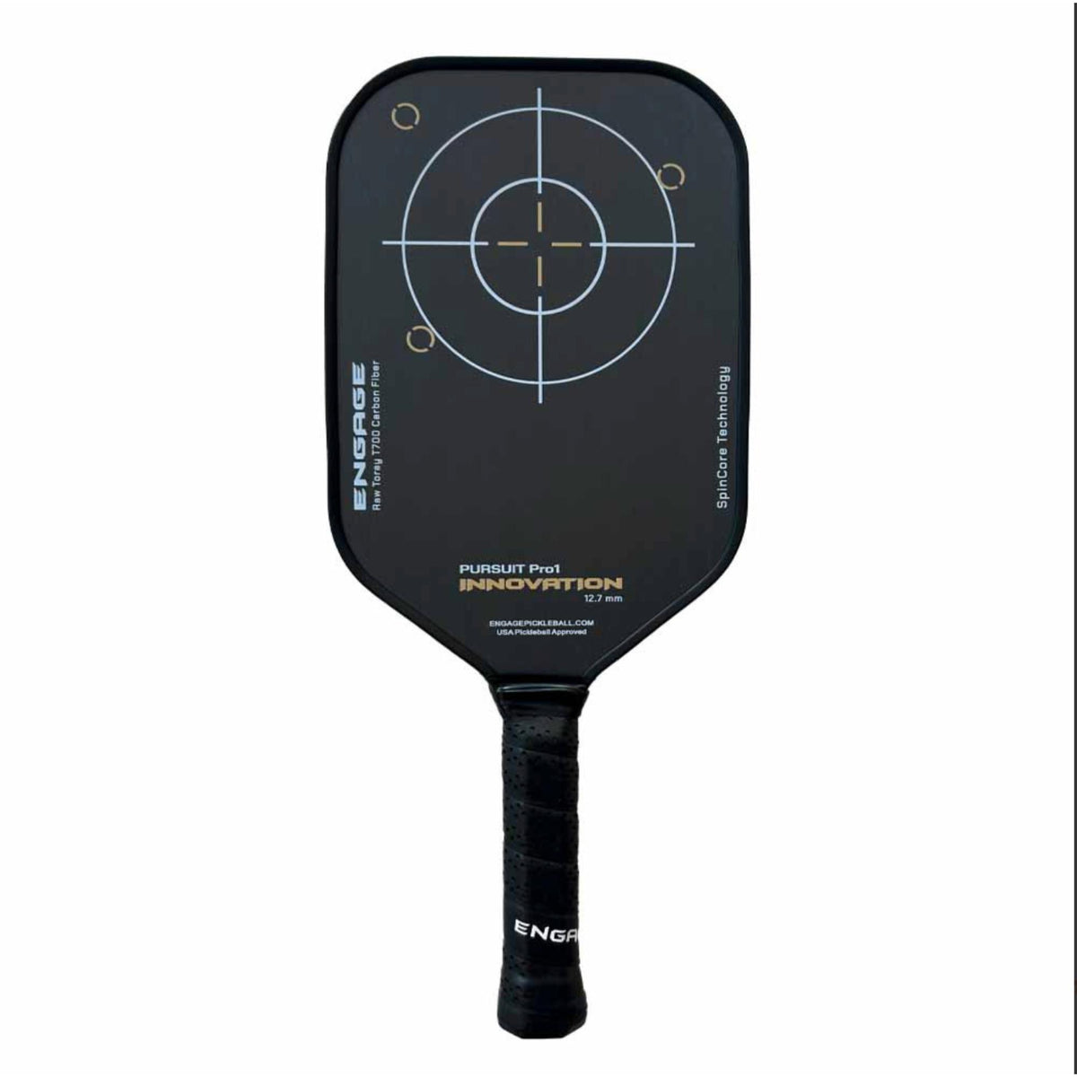 Engage Pursuit Pro1 Innovation pickleball paddle shown front-facing on a white background, featuring a matte black face with a circular target-style graphic accented in light blue and gold. Vertical “ENGAGE” branding appears along the left side, “SpinCore Technology” text on the right, and gold “INNOVATION” labeling near the throat. The paddle has a black edge guard and a black perforated handle grip with Engage branding.