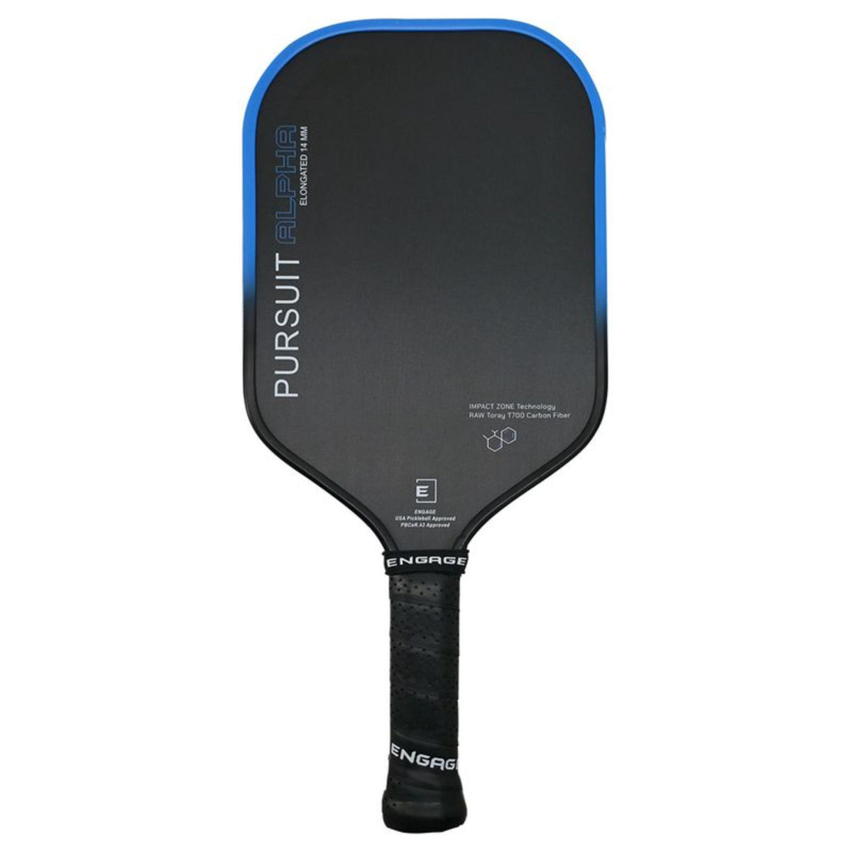 Engage Pursuit Alpha pickleball paddle shown front-facing on a white background, featuring a matte black paddle face with a blue edge guard. Vertical “PURSUIT” branding runs along the left side with “ALPHA” text near the top, impact zone and carbon fiber technology markings on the face, a USA Pickleball Approved badge near the throat, and a black perforated handle grip with Engage branding.