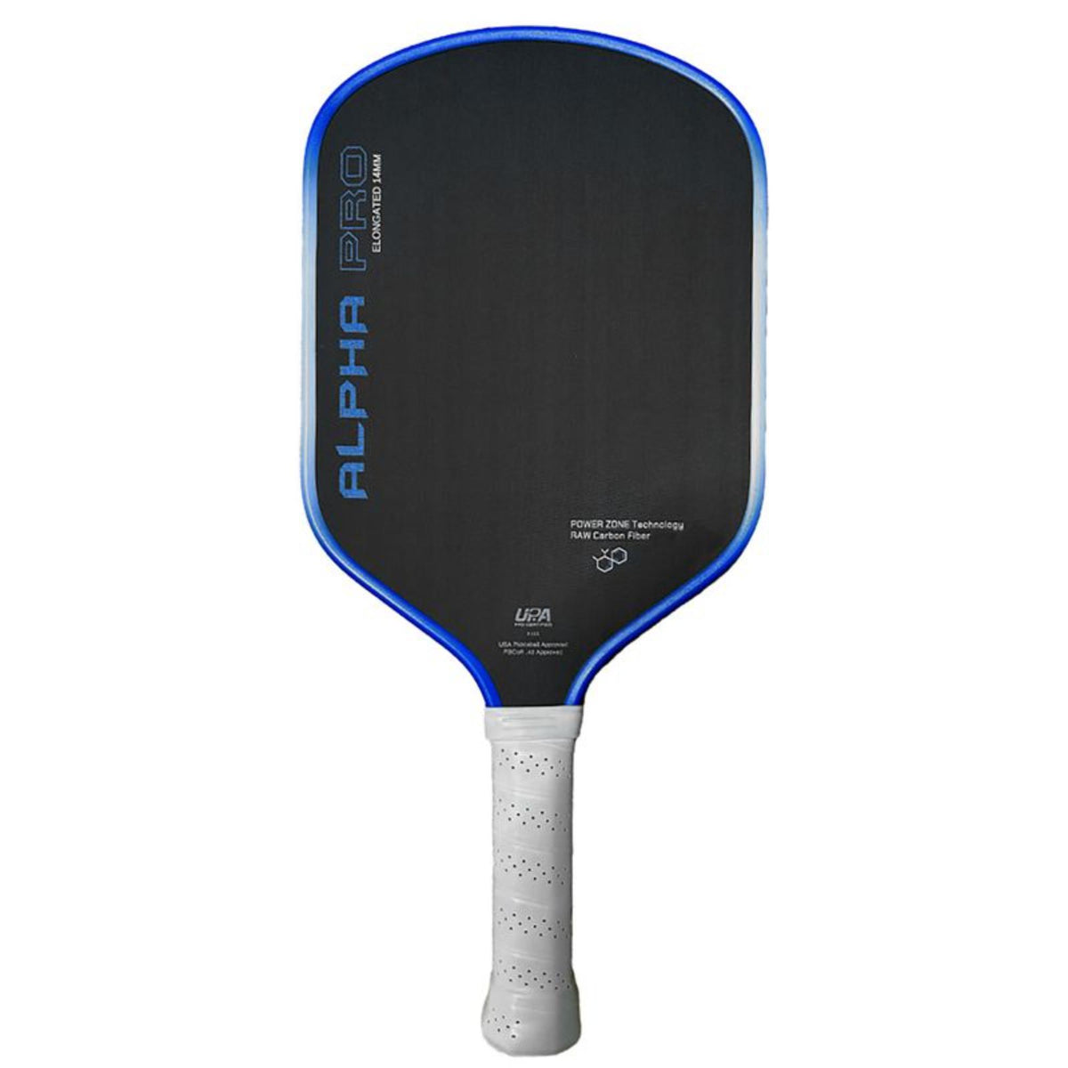 Product image of a HEAD Alpha Pro pickleball paddle with a black carbon-fiber face, blue edge trim, and a light gray perforated grip, shown front-facing on a white background.