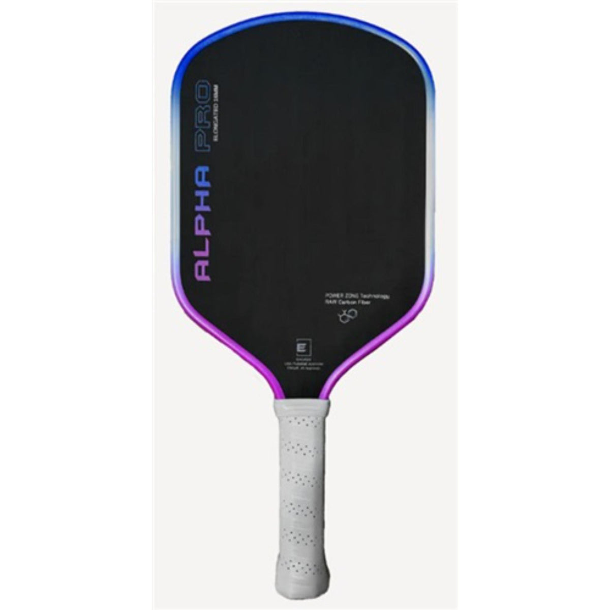 Product image of a HEAD Alpha Pro pickleball paddle featuring a black carbon-fiber face with blue-to-purple gradient edge trim and a light gray perforated grip, shown front-facing on a white background.