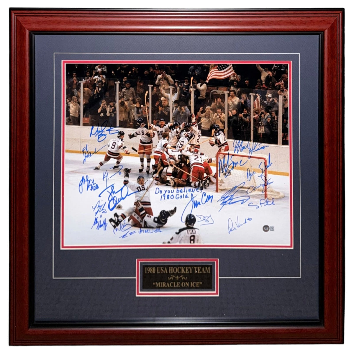 1980 U.S. Olympic Hockey Team Autographed (Miracle On Ice) Deluxe Framed 16x20 Photo - 18 Team Member Signatures - Beckett Witnessed