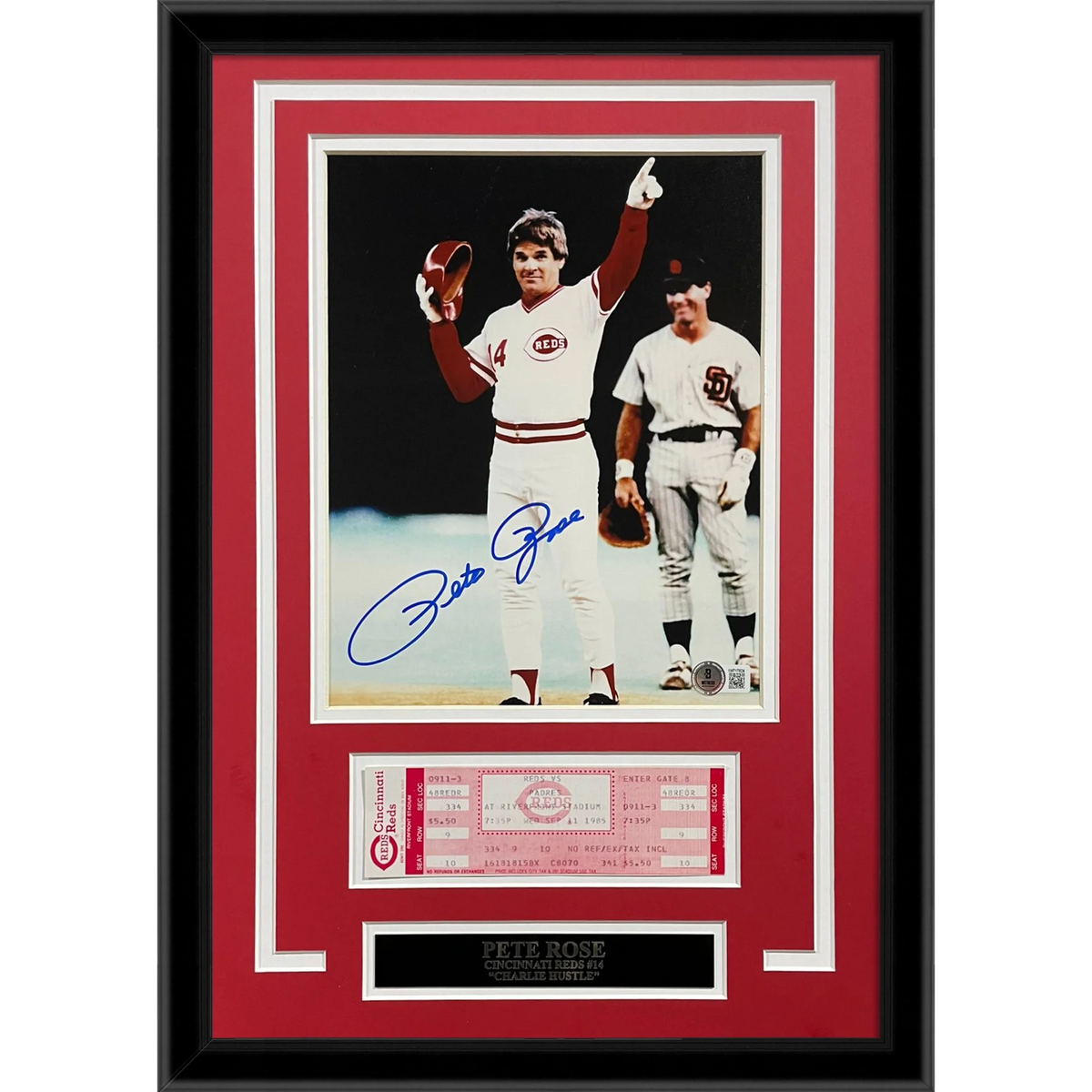 Pete Rose Autographed Cincinnati Reds (4192 Hit) Framed 8×10 Photo with Replica Game Ticket - JSA