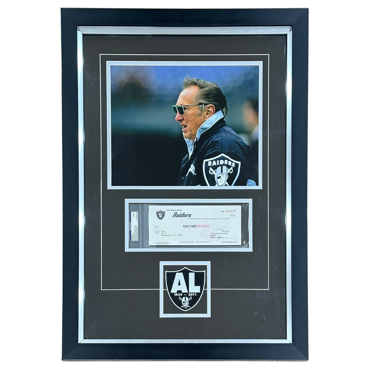 Al Davis Autographed Oakland Raiders Deluxe Framed piece with Original Hand Signed Check - PSADNA
