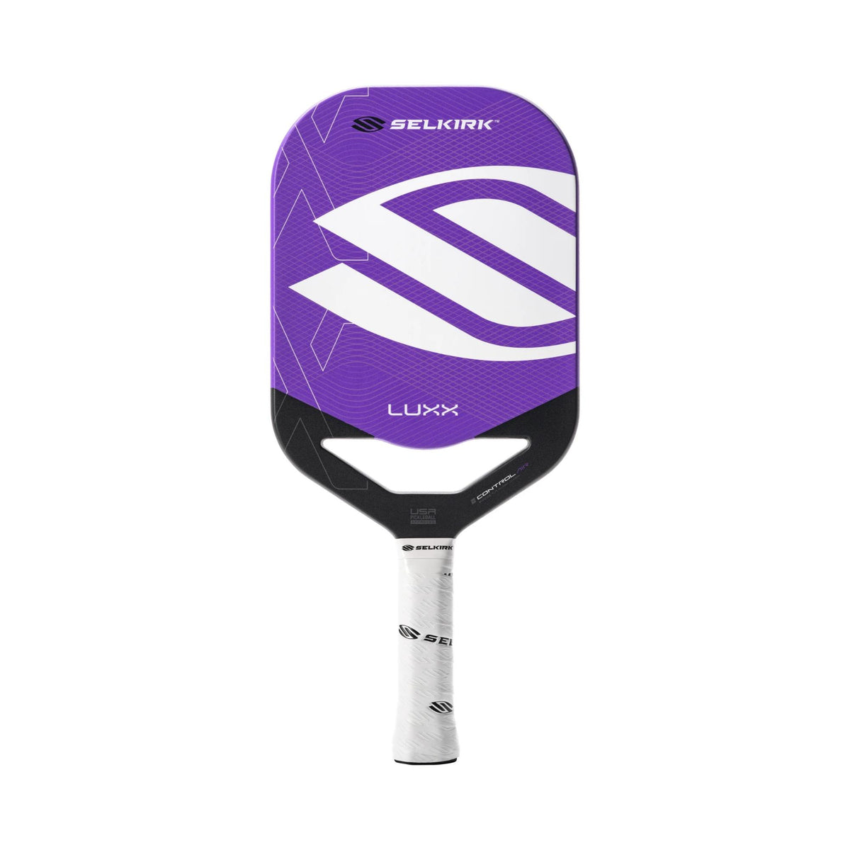 Selkirk LUXX Control Air pickleball paddle with a textured face, elongated shape, and cushioned grip handle designed for control and precision.