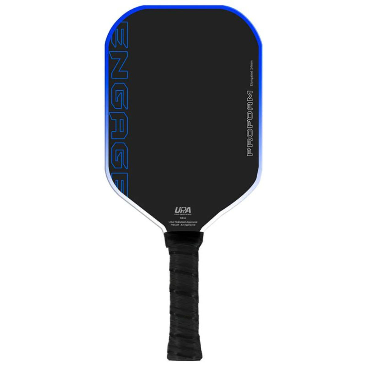 Engage ProForm pickleball paddle shown front-facing on a white background, featuring a matte black paddle face with a bright blue edge guard and blue “ENGAGE” branding running vertically along the left side. The paddle includes a black wrapped handle grip, “ProForm” text on the right edge, and a USA Pickleball Approved mark near the throat.