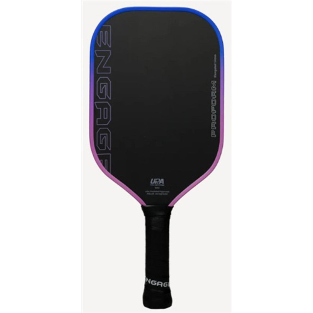 Engage ProForm pickleball paddle shown front-facing on a white background, featuring a matte black paddle face with a blue-to-purple gradient edge guard. Subtle vertical “ENGAGE” branding appears along the left side, with “PROFORM” text on the right edge, a USA Pickleball Approved mark near the throat, and a black wrapped handle grip.