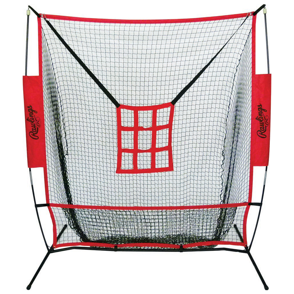 Rawlings Pro Style practice net with a durable black frame and netting, featuring a red strike zone target in the center for pitching, throwing, and hitting training in baseball and softball. ⚾