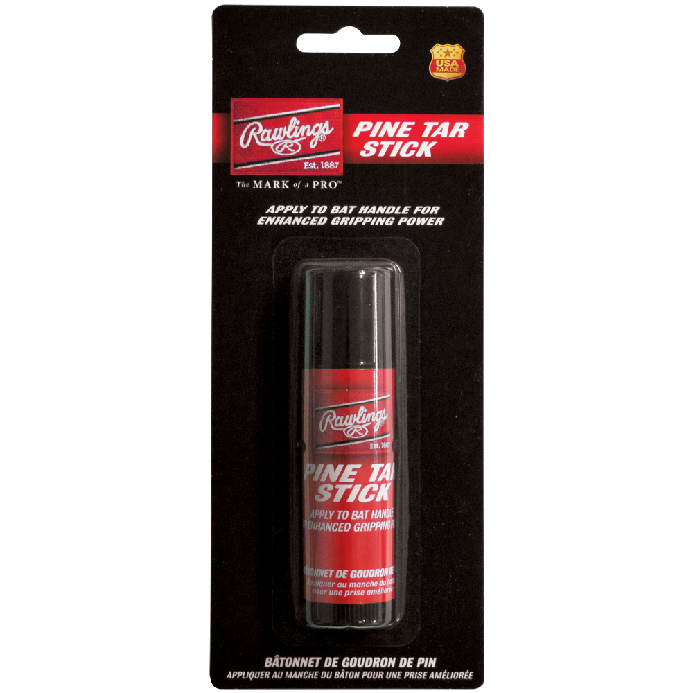 Rawlings pine tar stick in a portable tube package, designed to apply pine tar to baseball or softball bat handles for enhanced grip and improved bat control. ⚾