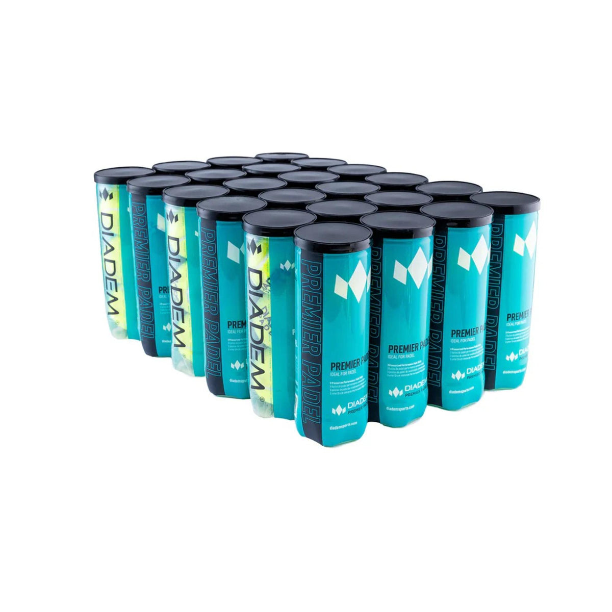Diadem Premier Padel balls case featuring multiple canisters arranged together in bulk packaging.