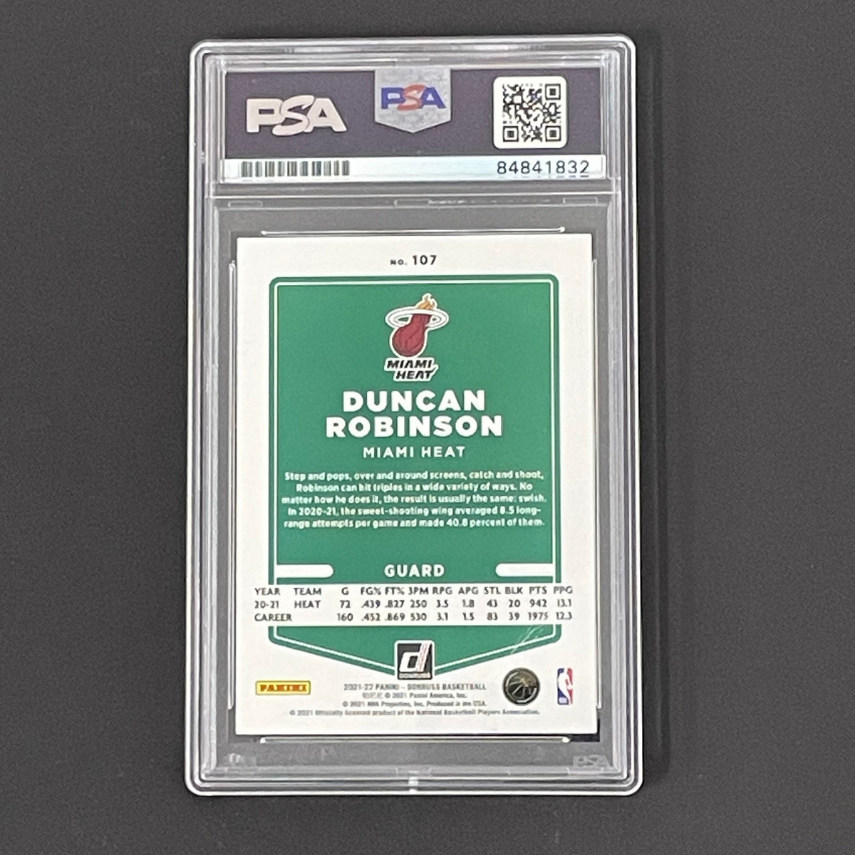 Back of Duncan Robinson 2021-22 Donruss #107 card in PSA/DNA holder